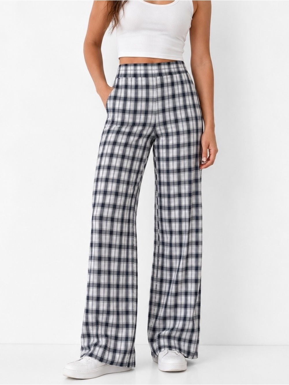 Princess Polly Navy & White Plaid Wide-Leg Pants